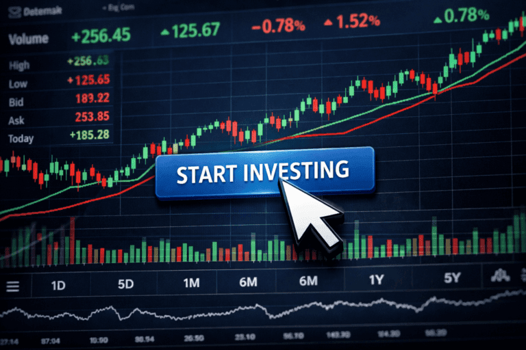 investing background with a start button on the front