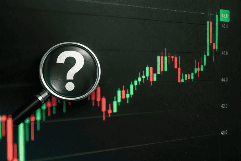 stock market with magnifying glass which represents searching what a stock is