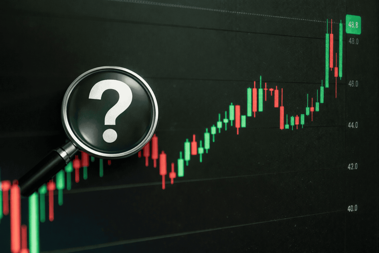 stock market with magnifying glass which represents searching what a stock is