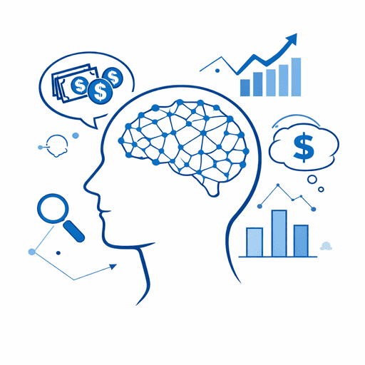 an illustration of a person's mind with money and investing symbols floating around the head
