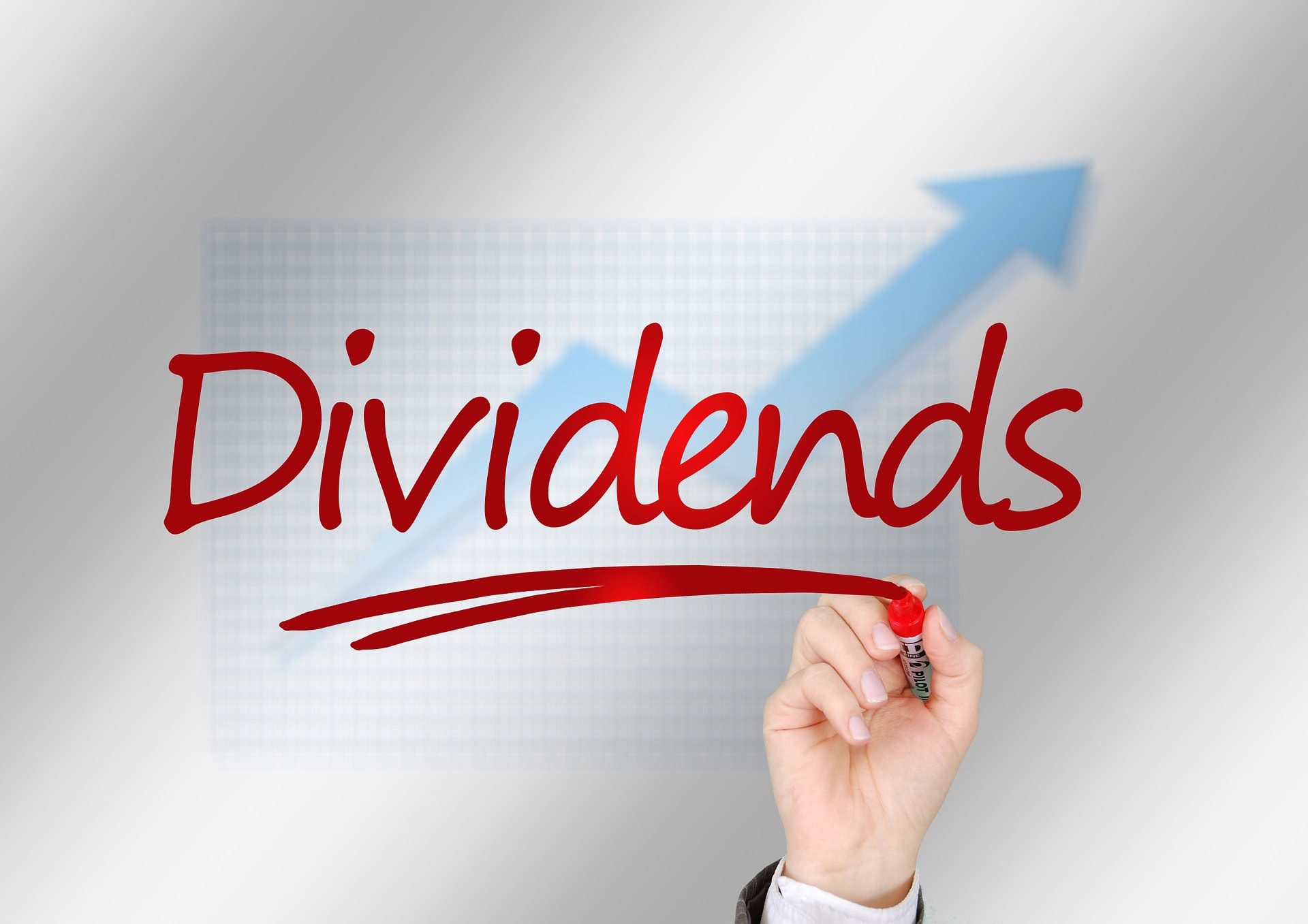 the word dividends with a stock chart moving upwards behind it