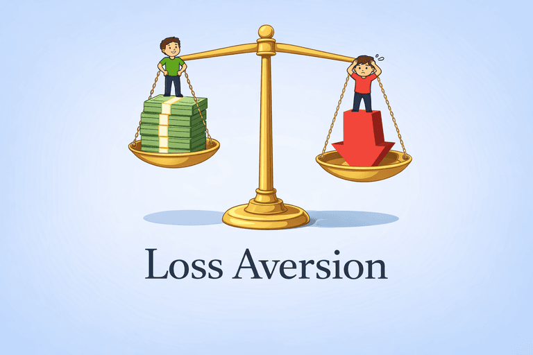 balance scale with the words "loss aversion" at the bottom, showing how people are scared of losing money