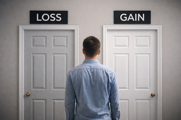 man infron of two door, 'gain' or 'loss', showing the difficult choice