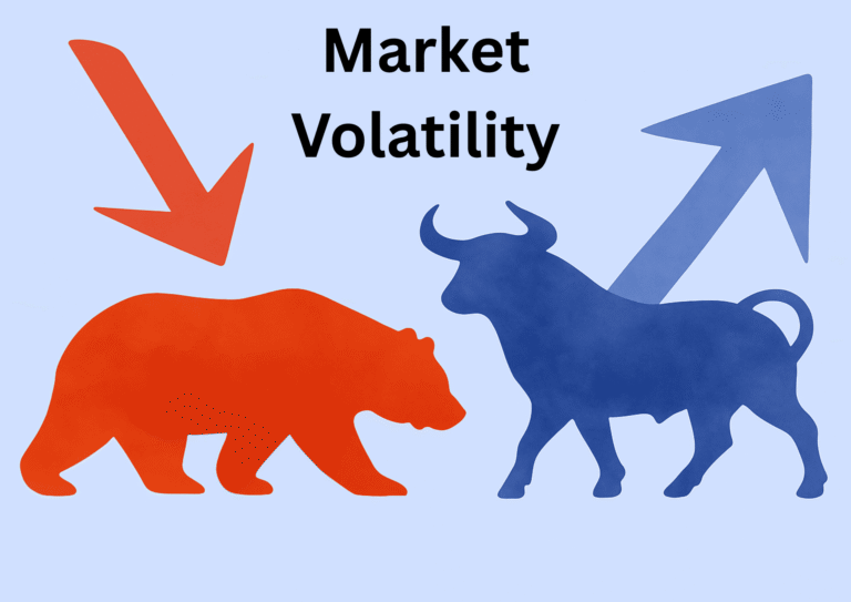a red bear with a down arrow and a blue bull with an upwards arrow, symbolizing market volatility