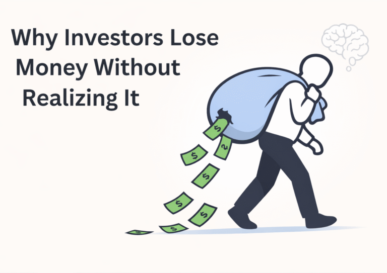 an image of a man walking with a bag full of money, but the money is falling out, showing how investors can lose money