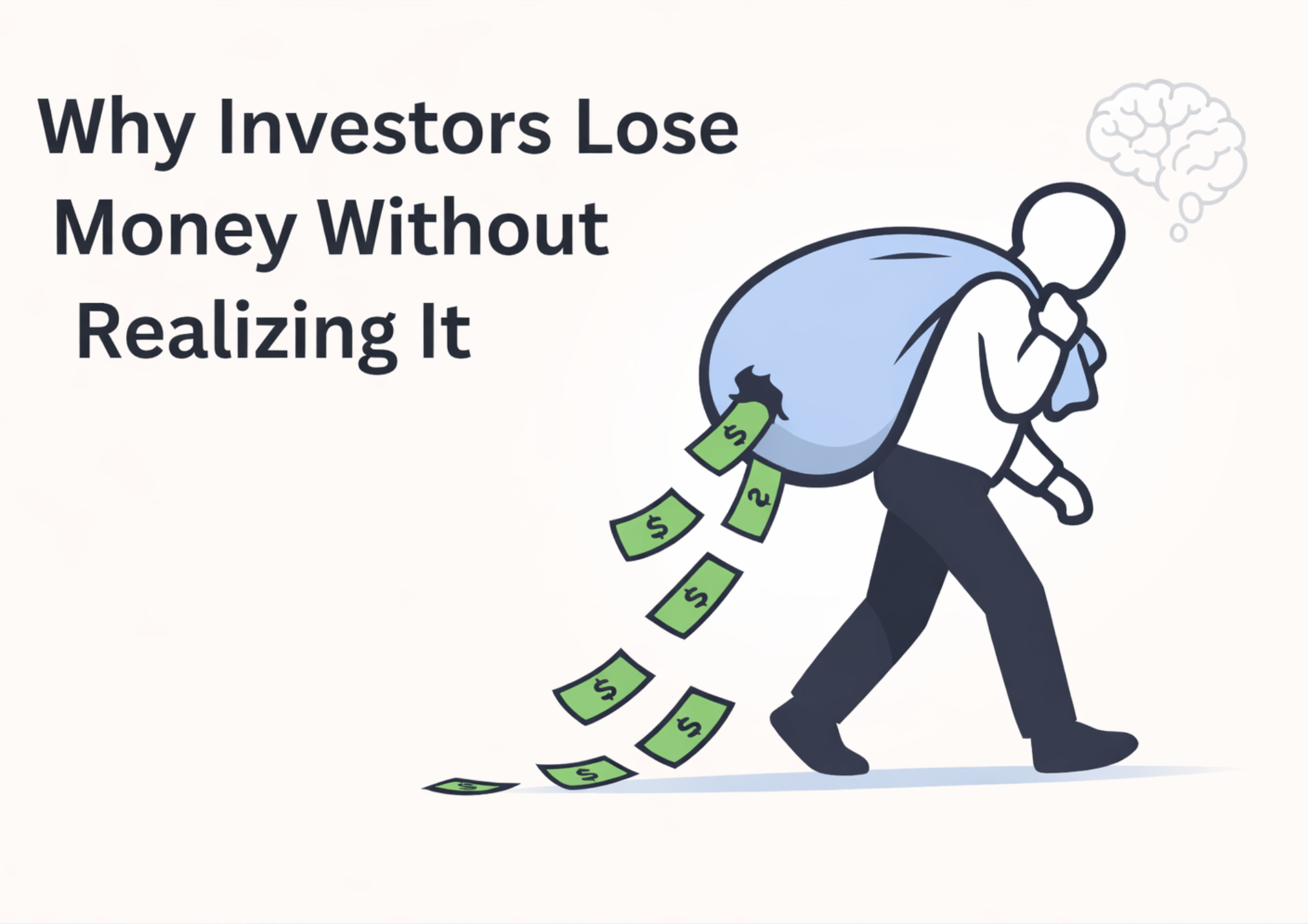 an image of a man walking with a bag full of money, but the money is falling out, showing how investors can lose money