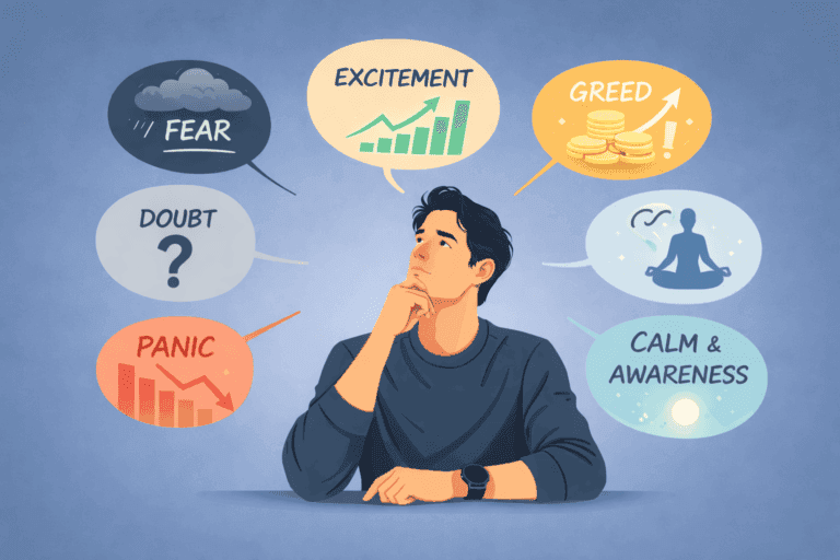 man thinking about investing, but with different emotional icons around him