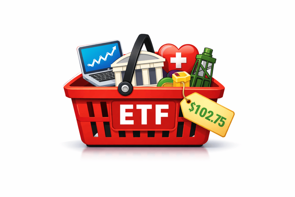 a basket with ETF on the front, showing what an ETF actually is