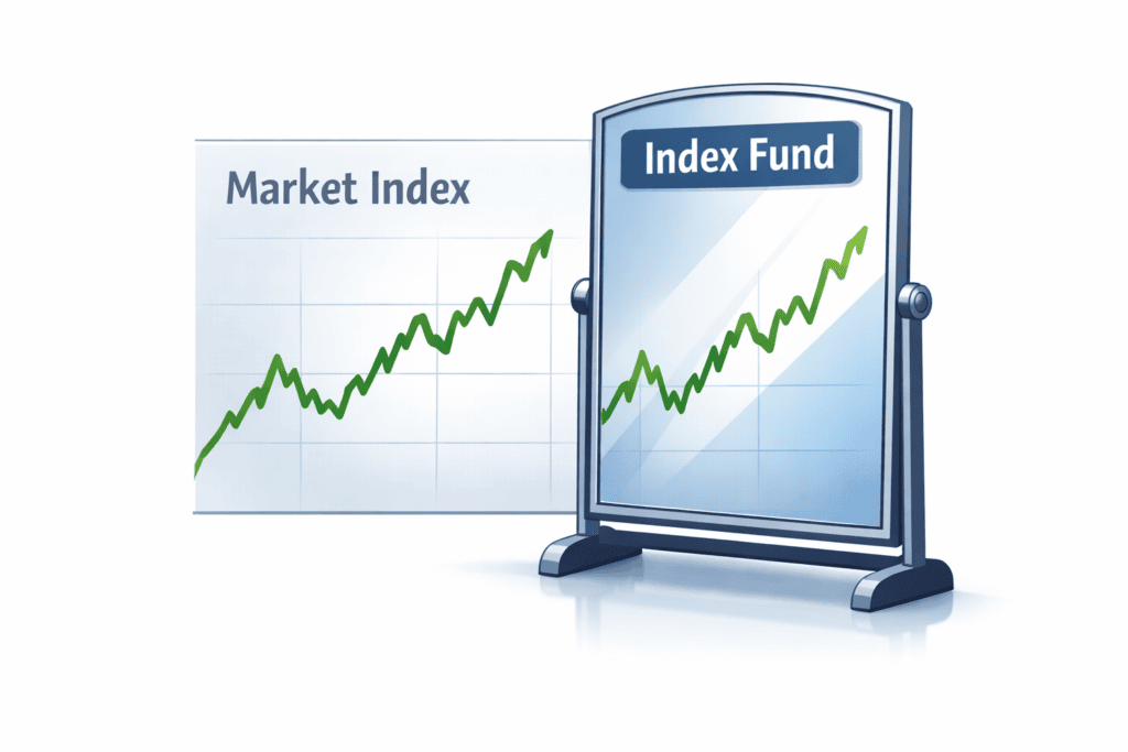 index fund on a mirror that reflects the market index, shows how an index fund words