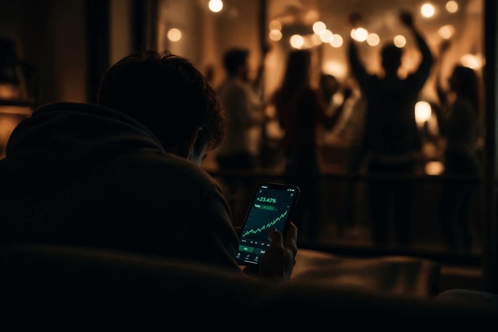 a person looking at their stock portfolio, and feeling FOMO because of how the others are celebrating