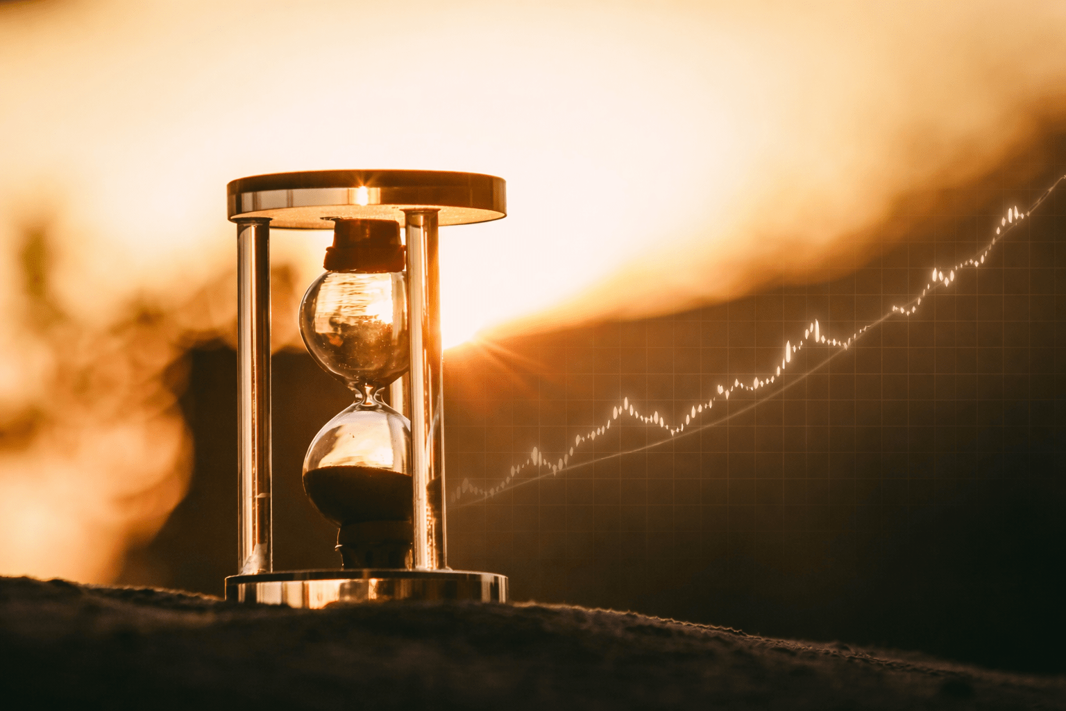 an hourglass, with a soft stock chart in the background, showing that long-term investing works, but takes time