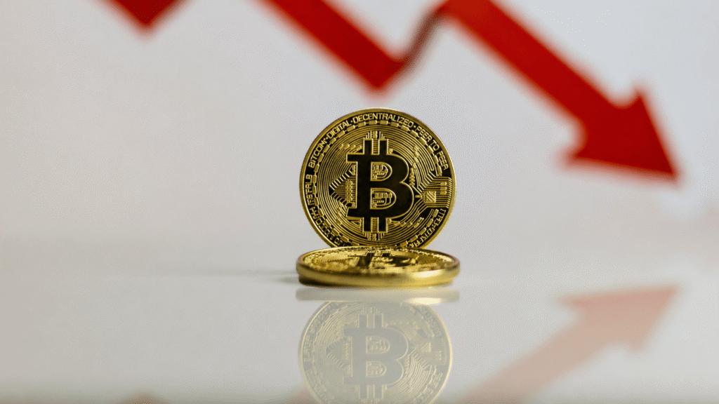 a bitcoin coin with a stock drop image in the back, showing how the bitcoin stock has dropped
