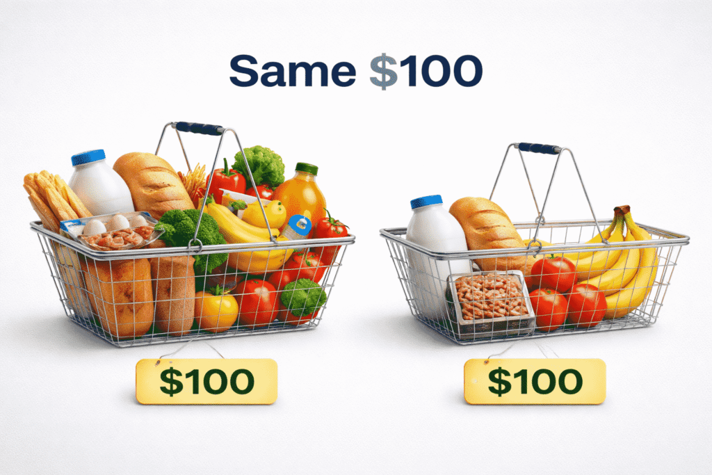 two grocery baskets side-by-side, showing how $100 gets you less now than before