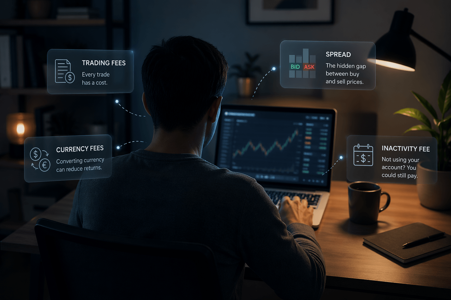a person sitting at a laptop with different broker fees surrounding him