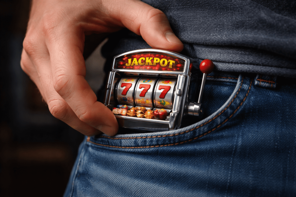 a person putting a slot machine in their pocket, which highlights how it feels looking at your portfolio too often
