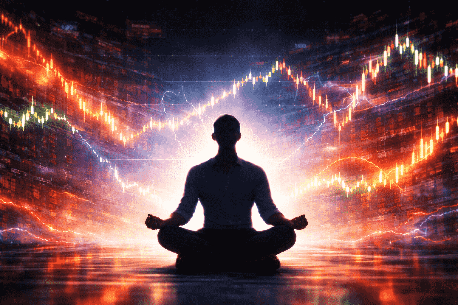 a calm person, surrounded by stock charts, showing that you can stay calm during stock market movement