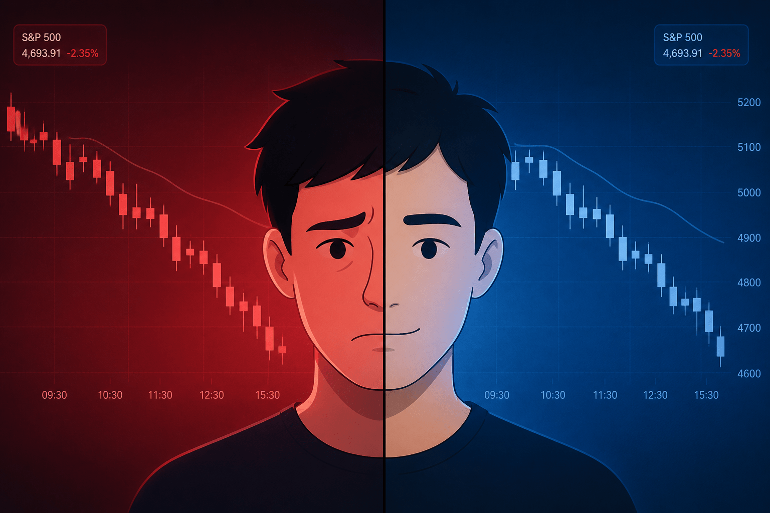 different investing personality perspective, as the market drops, one is sad, while the other is excited