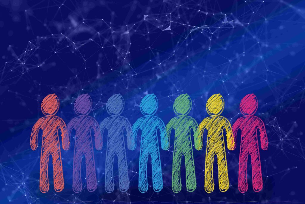 one picture, different personality represented in the different colors of the people