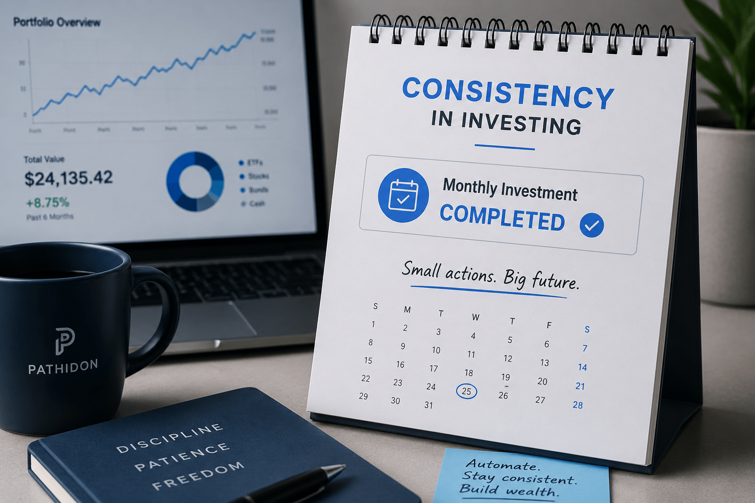 a calendar with "consistency in investing" on it, showing how consistency is key in investing