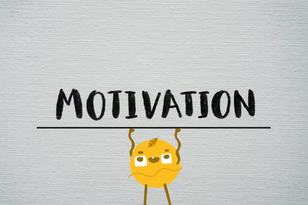 a cartoon character lifting up the word motivation