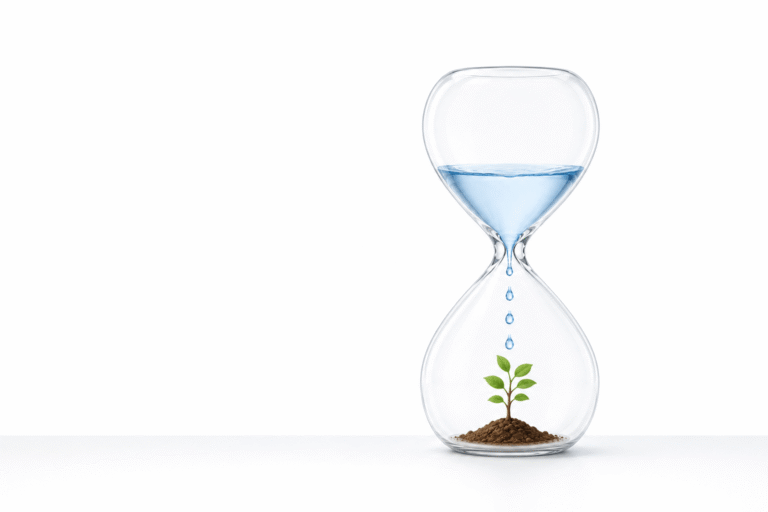 an hourglass where the water moves and feeds a tree, showing how time in the market is better