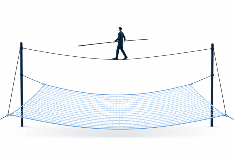 a tightrope walker above a safety net, showing how diversification is a safety net