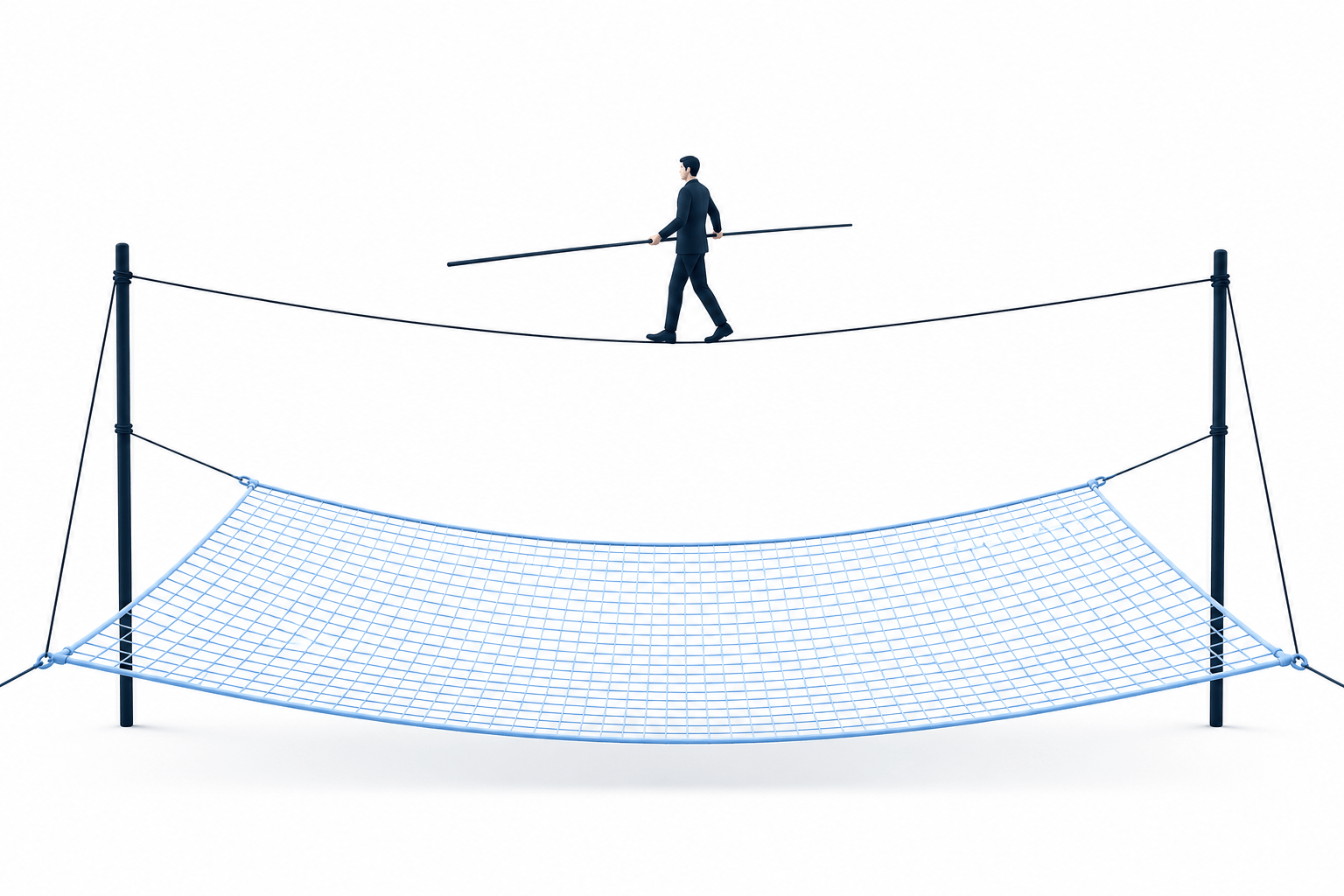 a tightrope walker above a safety net, showing how diversification is a safety net