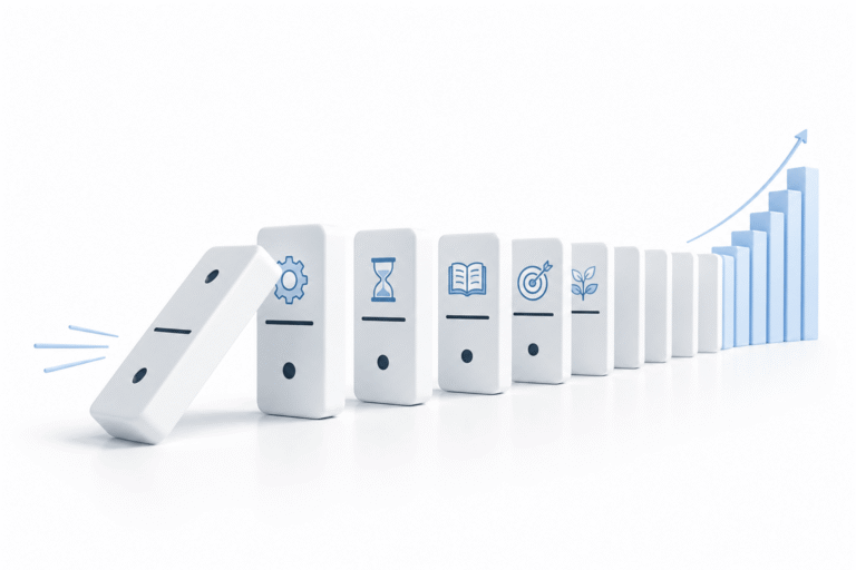 dominoes falling, showing how small habits make big results