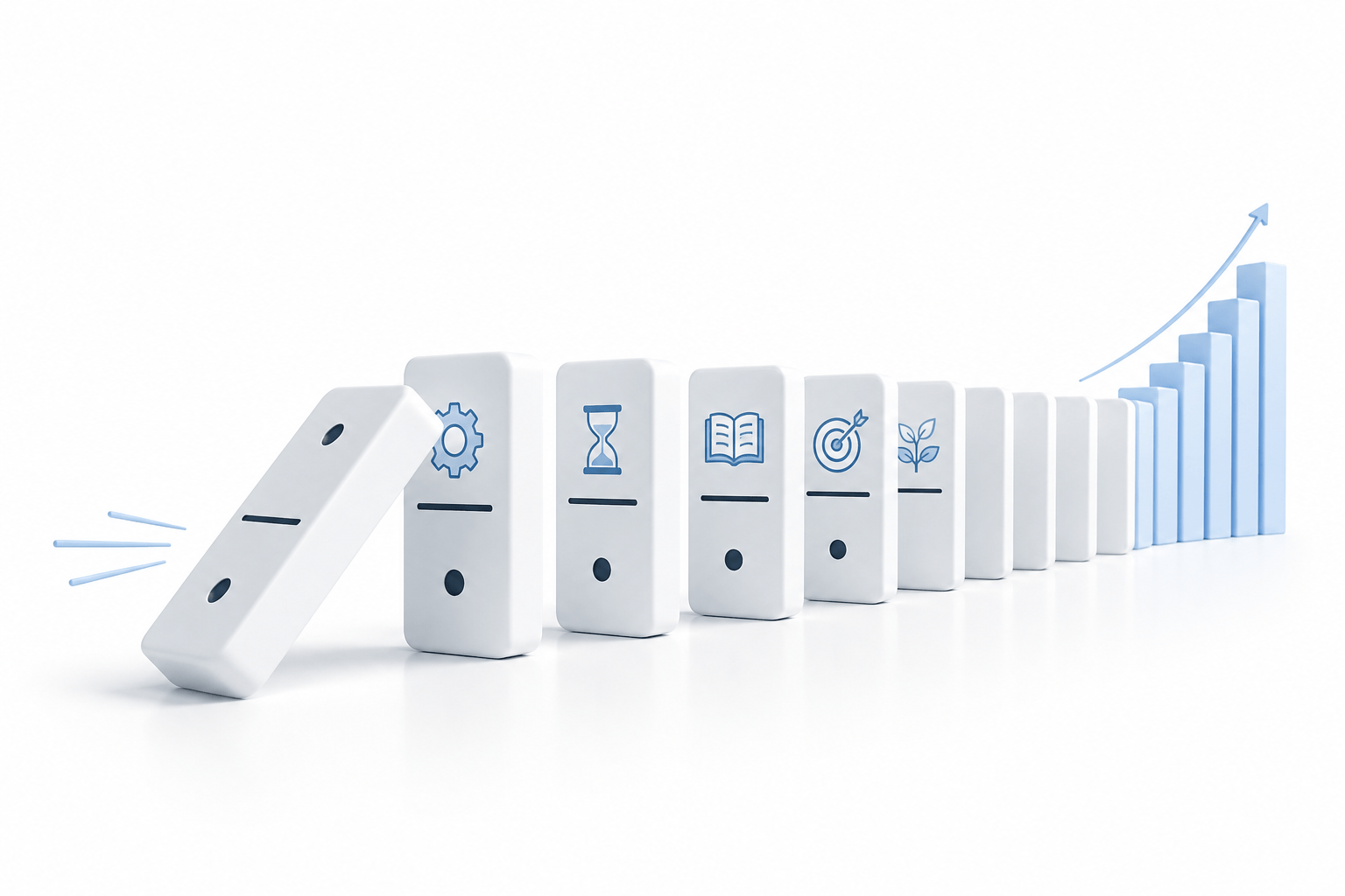 dominoes falling, showing how small habits make big results