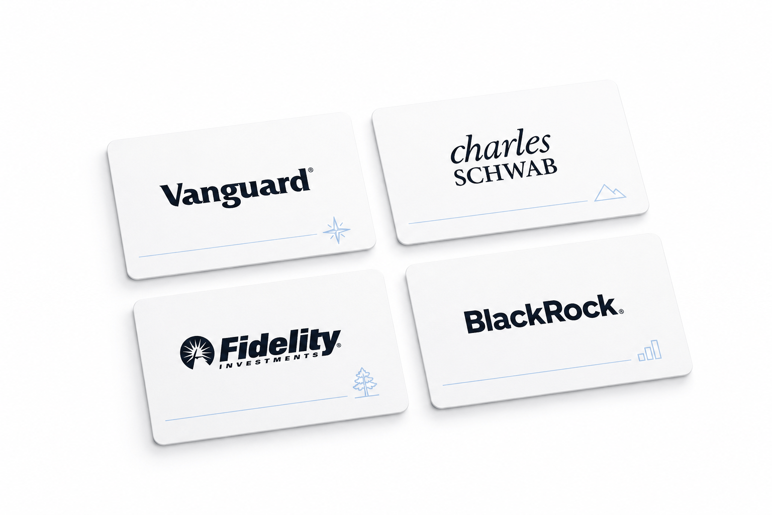 business cards, with the names of 4 asset managers