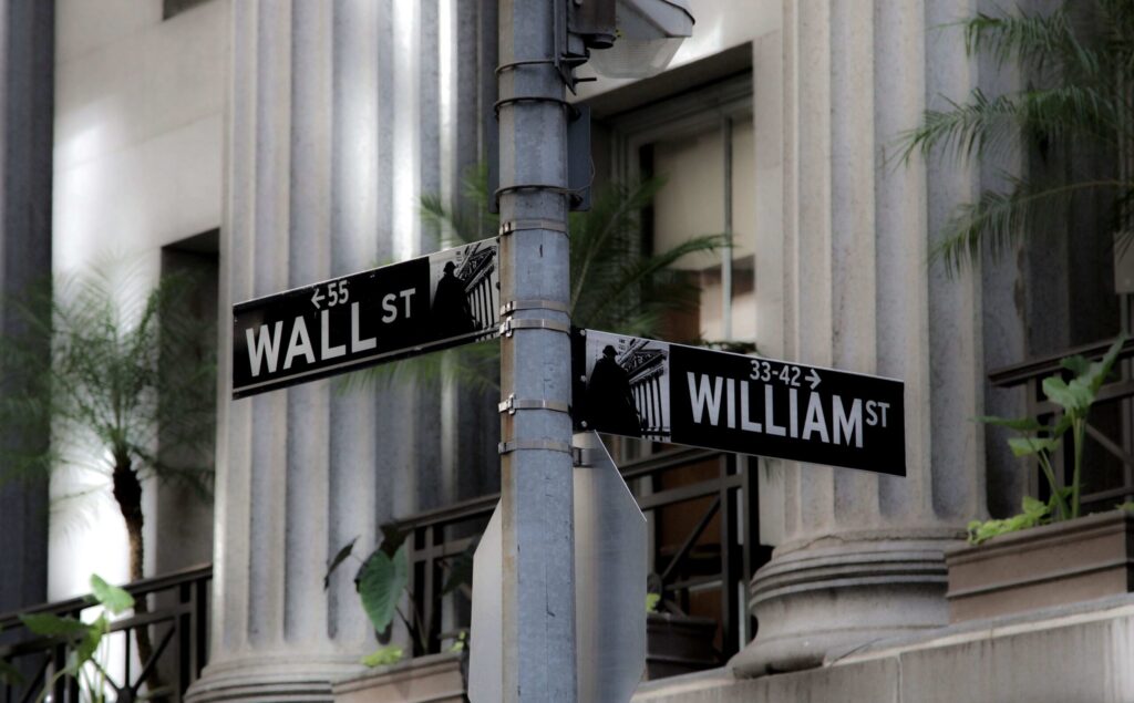 a picture of the wall street sign, suggesting stocks
