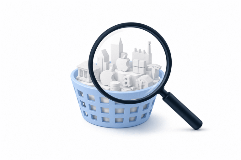 a basket of ETF style icons, with a magnifying glass over them