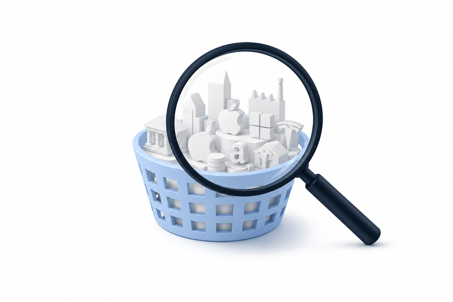 a basket of ETF style icons, with a magnifying glass over them
