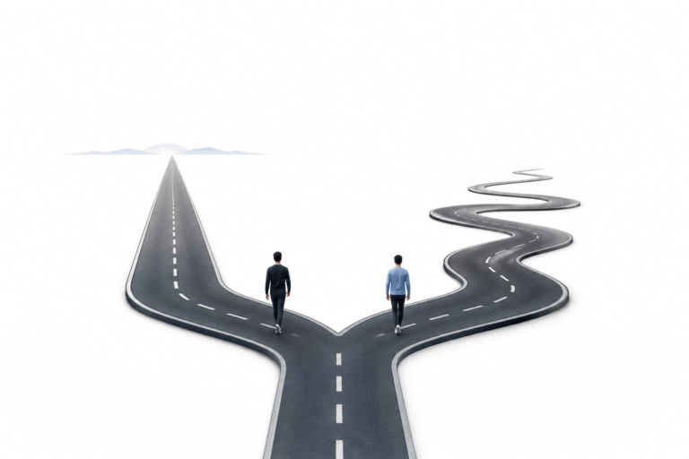 two men, standing on different paths that look different depending on how they invest