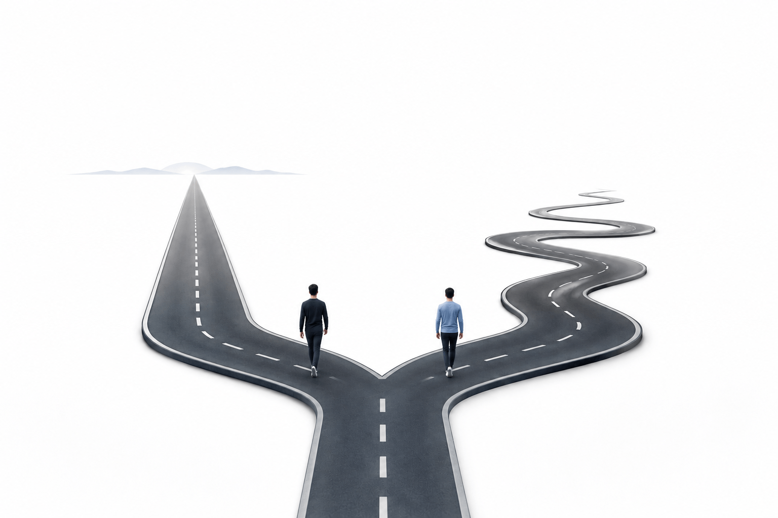 two men, standing on different paths that look different depending on how they invest