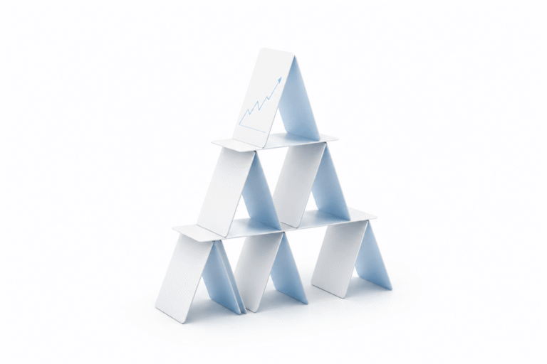 a stack of cards, shows that overconfidence can easily let the pyramid fall
