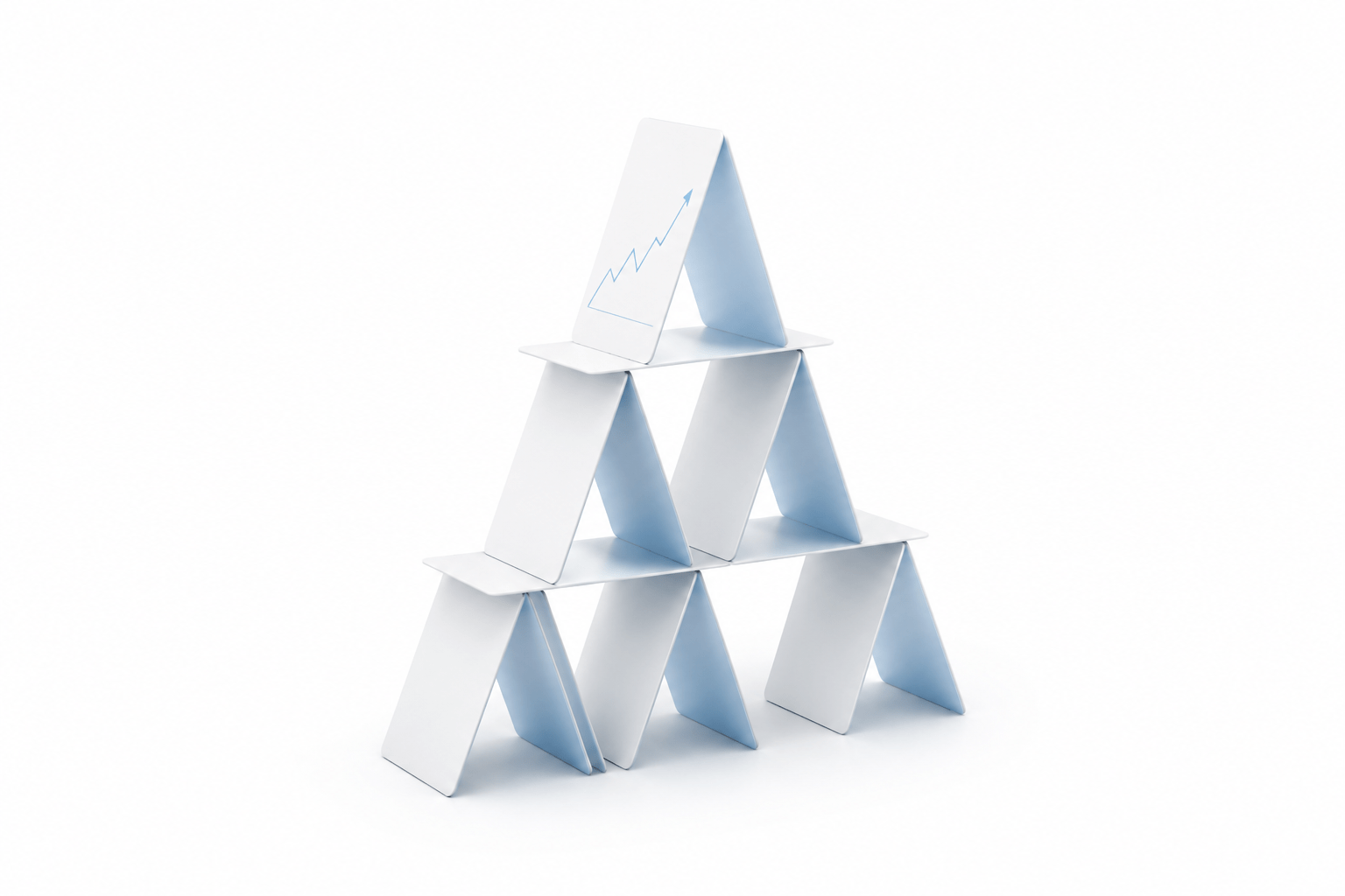 a stack of cards, shows that overconfidence can easily let the pyramid fall