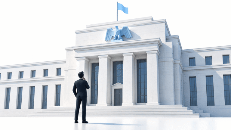 A lone investor, standing infront of the Federal Reserve Building, looking up at it.