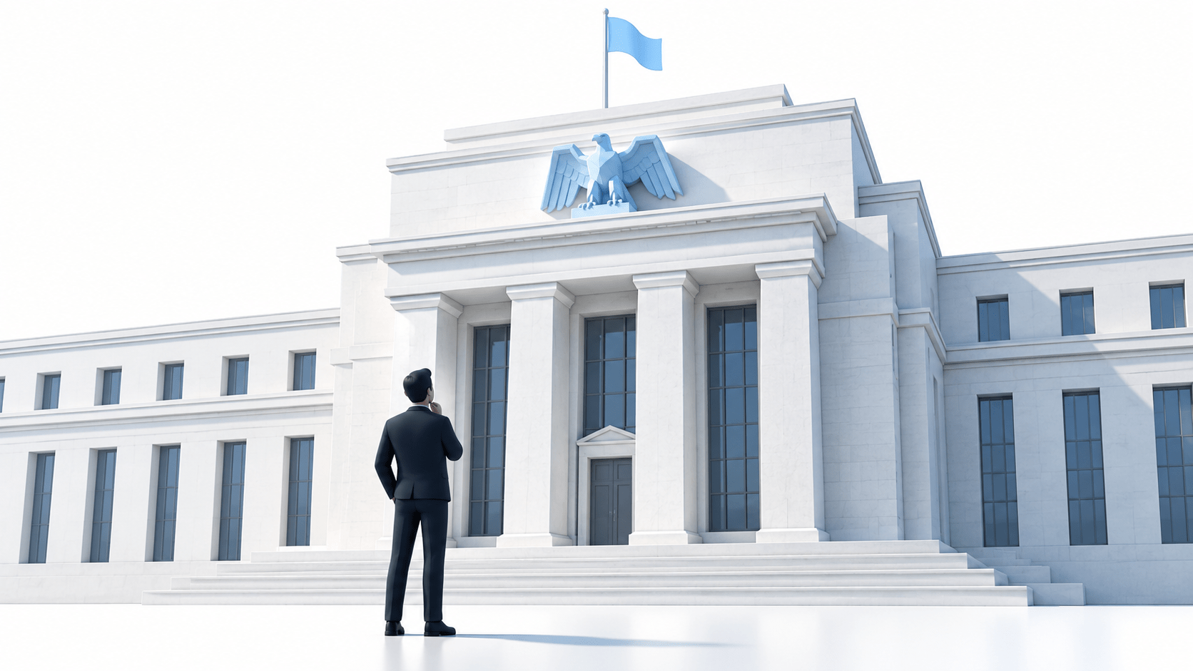 A lone investor, standing infront of the Federal Reserve Building, looking up at it.