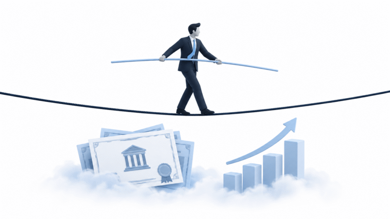 a tight rope walker, walking over signs of bonds and interest rates