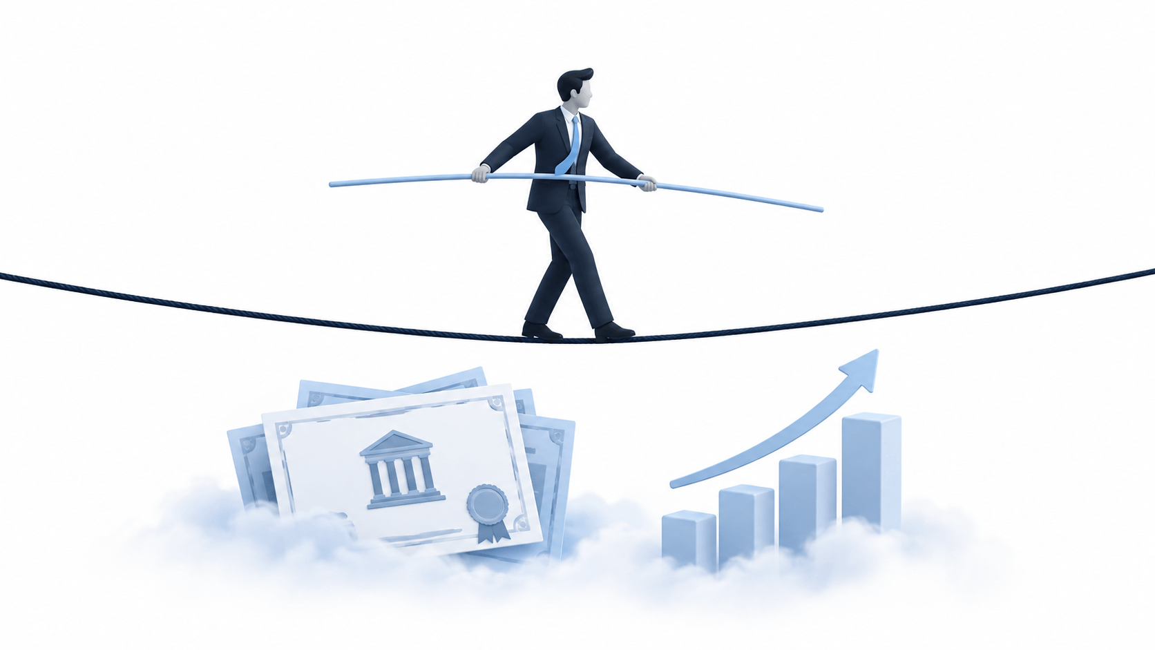 a tight rope walker, walking over signs of bonds and interest rates