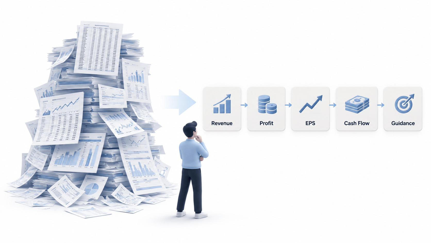 a complex earnings report on the left, and an investor looking at simplified boxes on the right