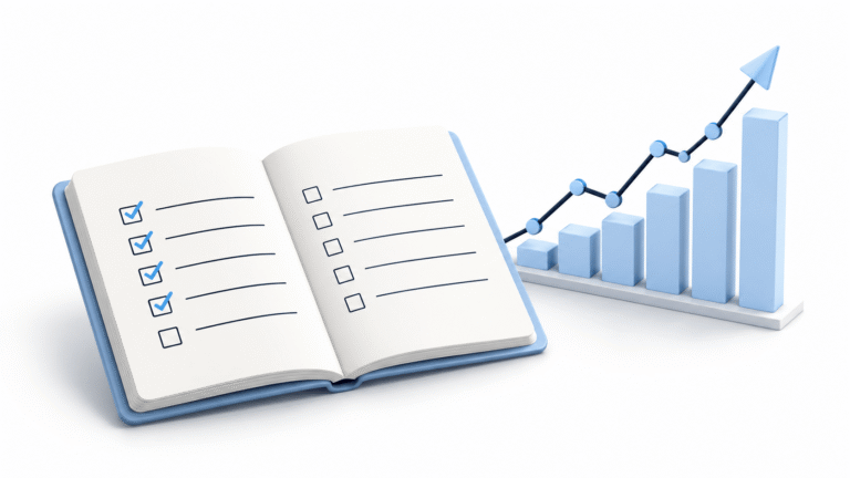 a book with check marks next to a stock going up, showing how investing rules can help investors