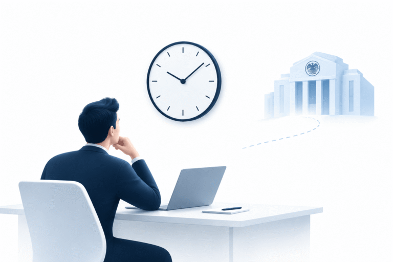 A lone investor sits at a desk, looking toward a large wall clock, while a subtle blue Federal Reserve building appears in the background, symbolizing anticipation of an upcoming interest-rate decision.