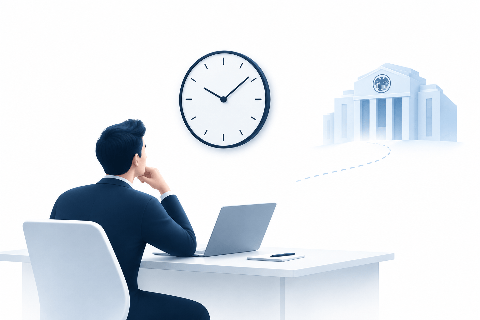 A lone investor sits at a desk, looking toward a large wall clock, while a subtle blue Federal Reserve building appears in the background, symbolizing anticipation of an upcoming interest-rate decision.