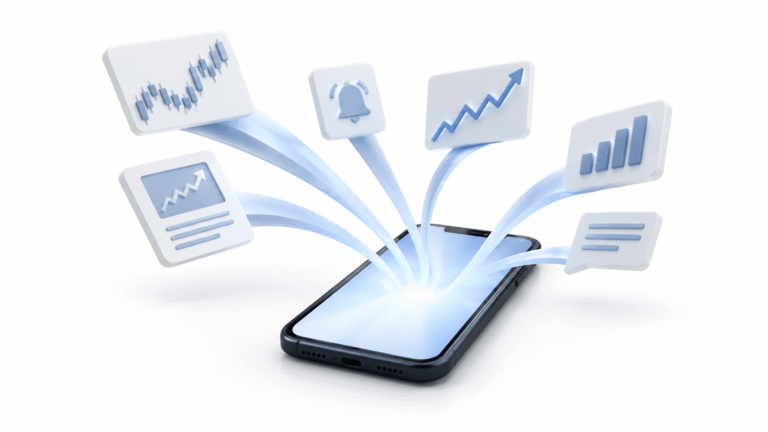 Smartphone pulling in stock charts, investing signals, and market notifications.