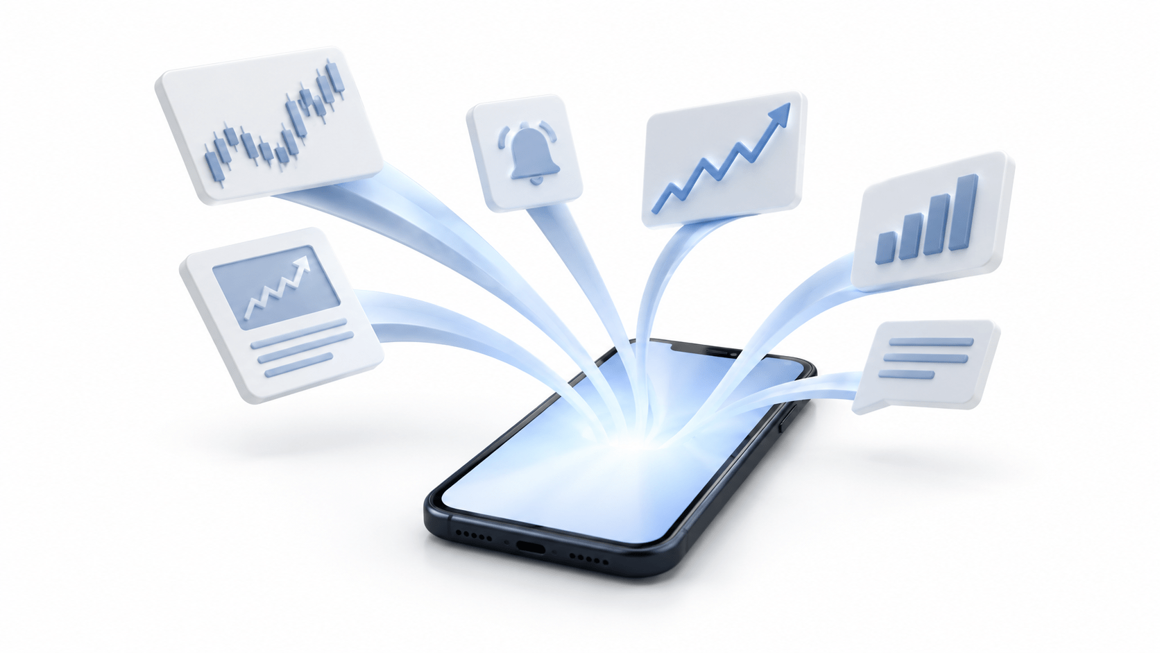 Smartphone pulling in stock charts, investing signals, and market notifications.
