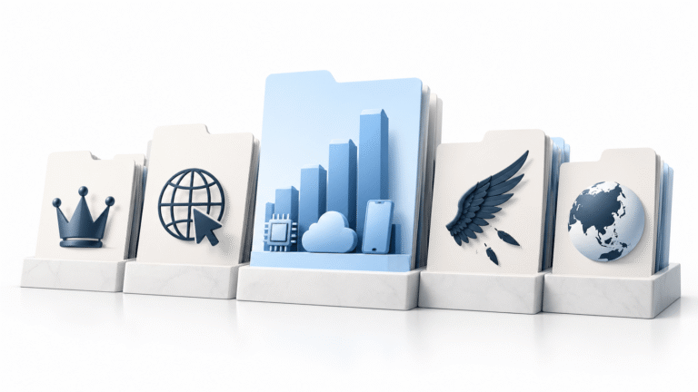 Minimalist 3D illustration of stock market groups represented by organized folders, with one prominent blue folder highlighting leading technology stocks.