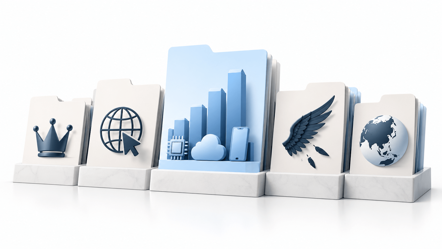 Minimalist 3D illustration of stock market groups represented by organized folders, with one prominent blue folder highlighting leading technology stocks.